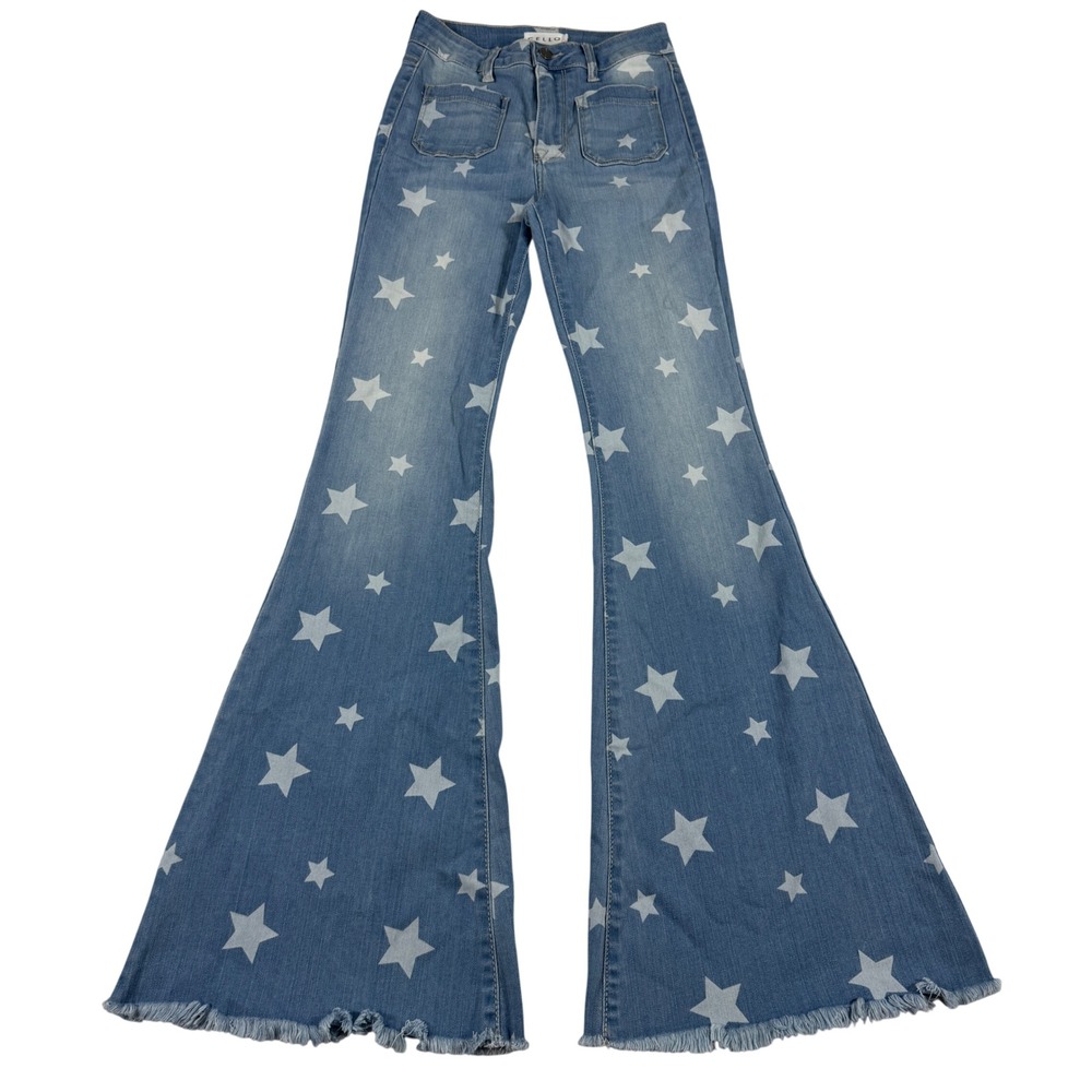Y2K Cello Star Print Flare Jeans Blue Denim Bell Bottoms Size 24 Grunge Whimsy
